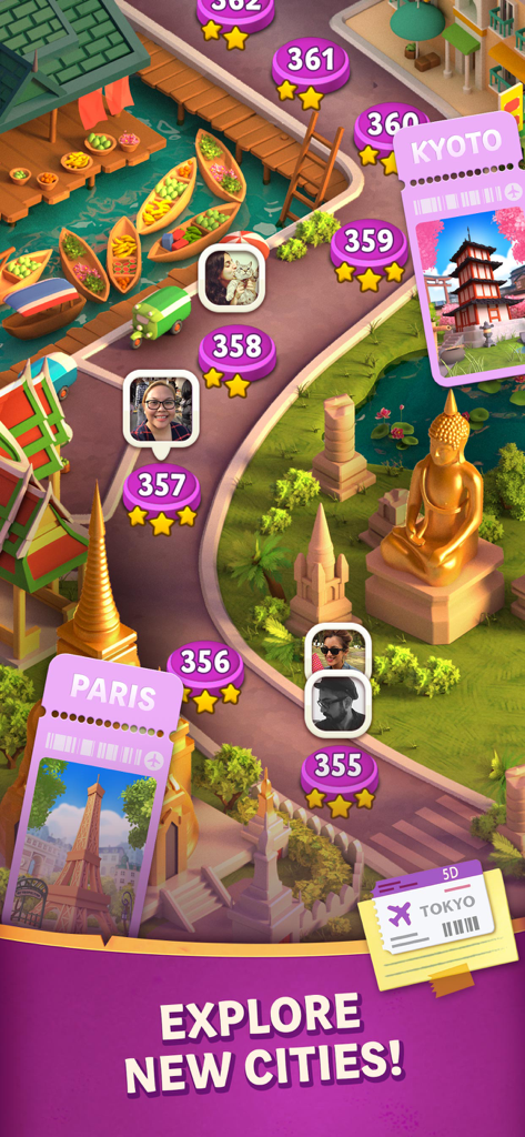 Diamond Diaries Saga - Mapa de niveles de Diamond Diaries Saga mostrando el progreso y destinos de viaje como París y Kioto