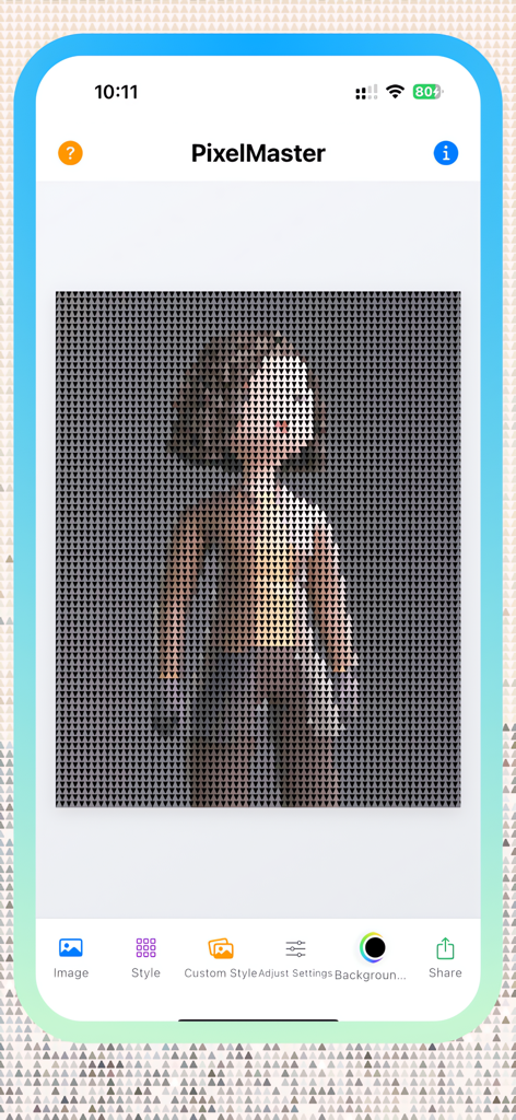 PixelMaster-App-Oberfläche, die ein Porträt zeigt, das mit benutzerdefinierten Dreiecksformen verpixelt wurde