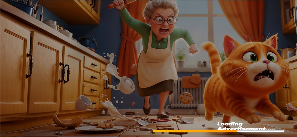 Granny With Cat - Angry granny chasing a mischievous orange cat in a messy kitchen