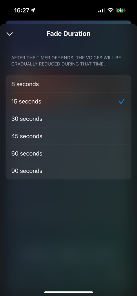 Lull - White Noise For Sleep - Schermata delle impostazioni di durata dello svanimento nell'app di sonno Lull con opzioni da 8 a 90 secondi.