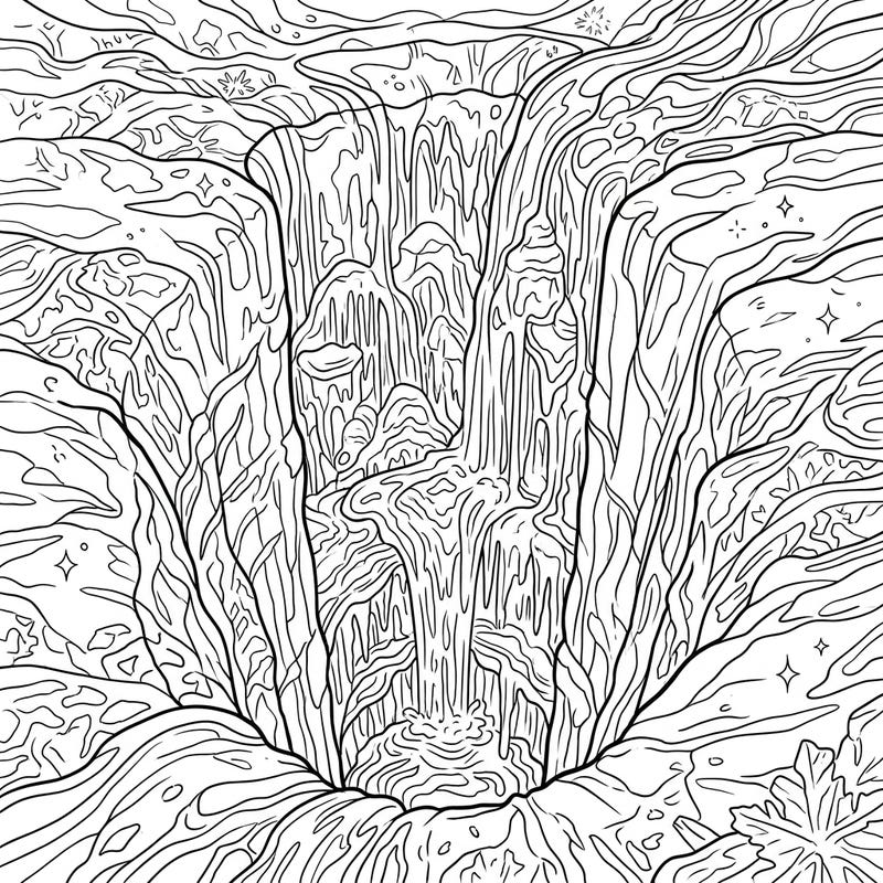 Explore the awe-inspiring beauty of a moulin with this unique coloring page, perfect for those fascinated by natural wonders. Its intricate design captures the powerful flow of water through a glacial shaft, promising a rewarding artistic challenge.