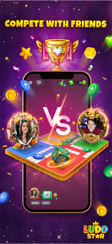 Écran de jeu mobile Ludo Star montrant deux joueurs dans une partie multijoueur contre un adversaire sur un plateau numérique