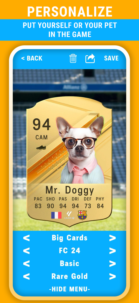 FC Card Creator 24 FUT - A custom FC 24 Ultimate Team card of a dog named Mr. Doggy with a 94 rating