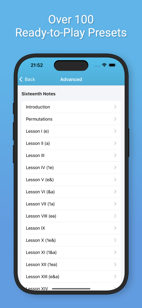 Una lista de lecciones avanzadas de ritmo de semicorcheas en la interfaz de la aplicación Coryvo