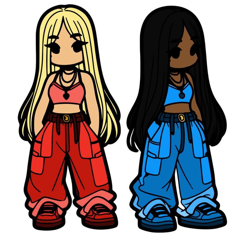 girl in baggy pants crop top and long hair