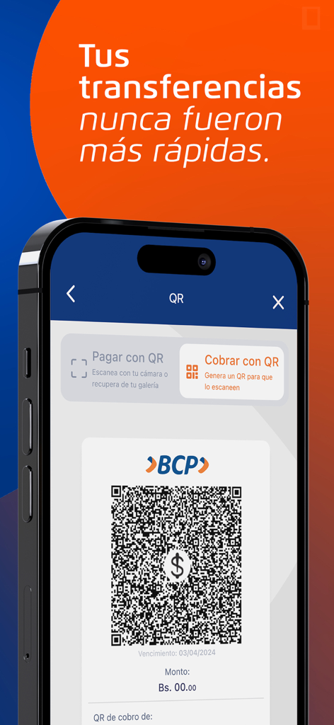 Banca Móvil BCP - Bolivia - BCP Bolivia mobile app screen showing options to pay or collect money using a QR code