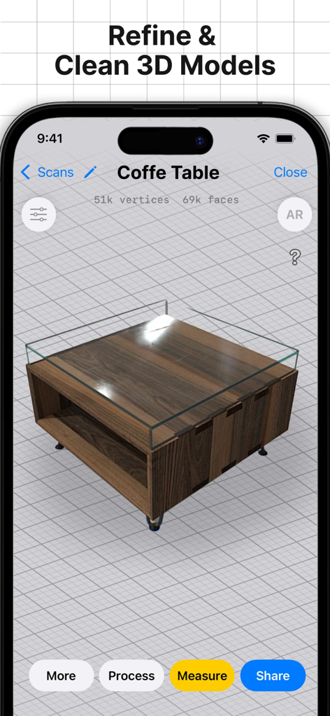 A 3D scan of a wooden coffee table in the 3D Scanner App interface featuring tools to refine and clean models