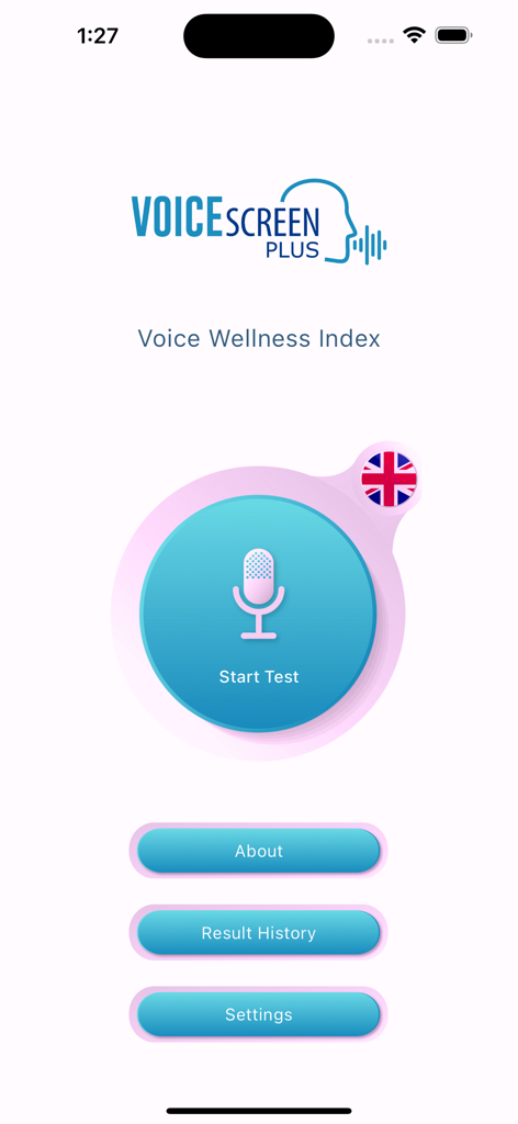 VoiceScreen+ - The home screen of the VoiceScreen plus app showing a start test button and voice wellness index