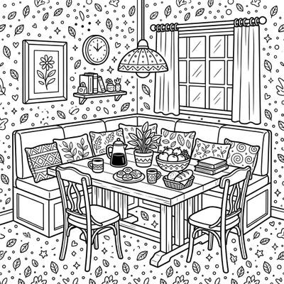 Immerse yourself in this charming breakfast nook coloring page, brimming with delightful details. It's a perfect scene for a relaxing and creative coloring experience.