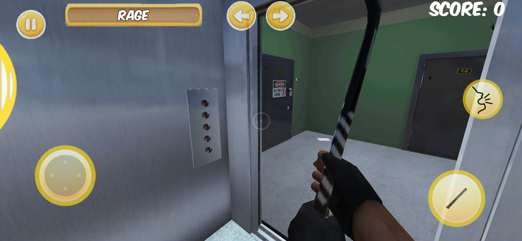 Neighbors OGのエレベーターでの一人称視点ゲームプレイ。バールのようなものを持っているキャラクターが見える