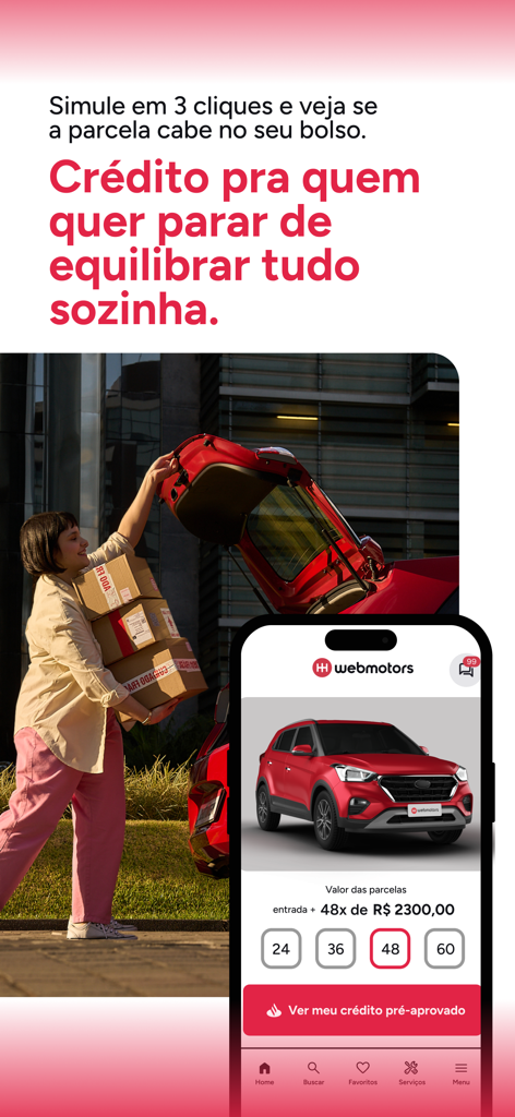 Webmotors-App-Oberfläche, die eine Fahrzeugfinanzierungssimulation mit monatlichen Ratenoptionen und einer Schaltfläche für vorab genehmigte Kredite zeigt