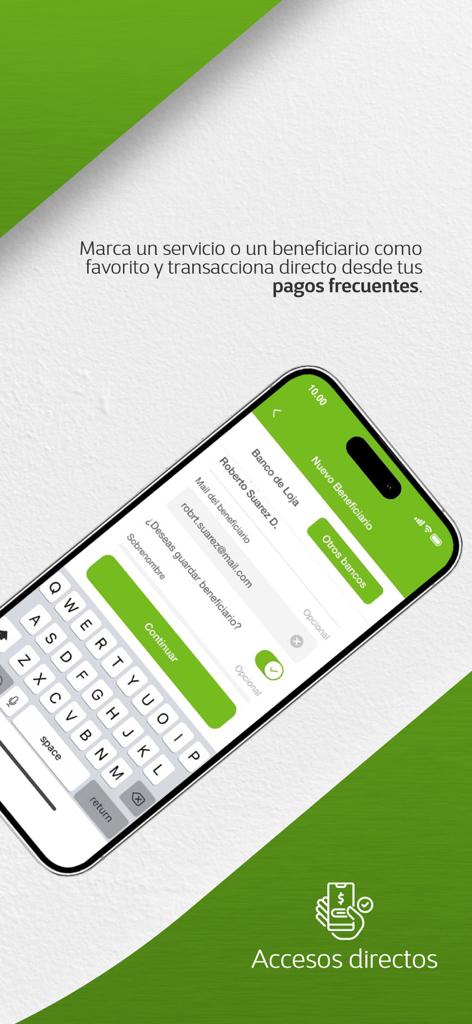 Banco de Loja mobile app interface for adding a new beneficiary and managing frequent payments