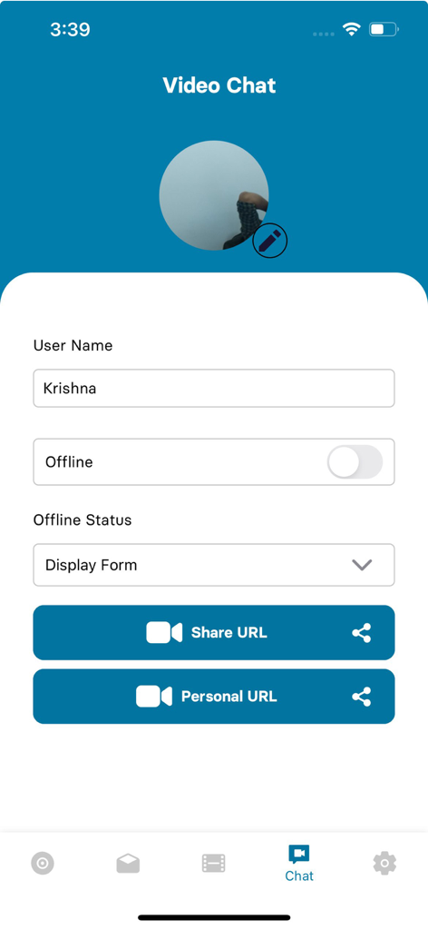 VidCom - VidCom app interface for video chat setup with options to share a personal URL and manage availability.