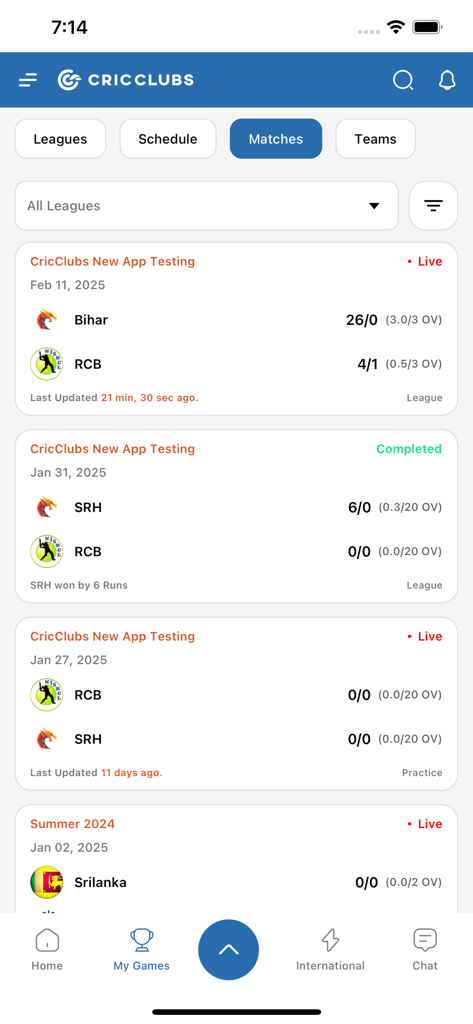 CricClubs - Mobile interface of the CricClubs app showing live and completed cricket match results and schedules.