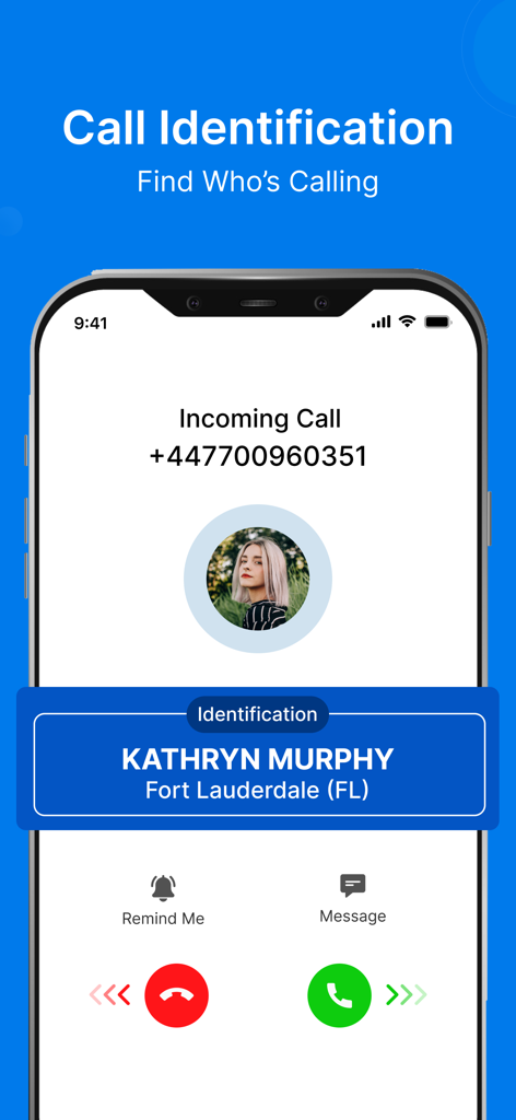 Caller Name Announcer App - Tela de smartphone mostrando identificação de chamador para Kathryn Murphy de Fort Lauderdale durante uma chamada recebida
