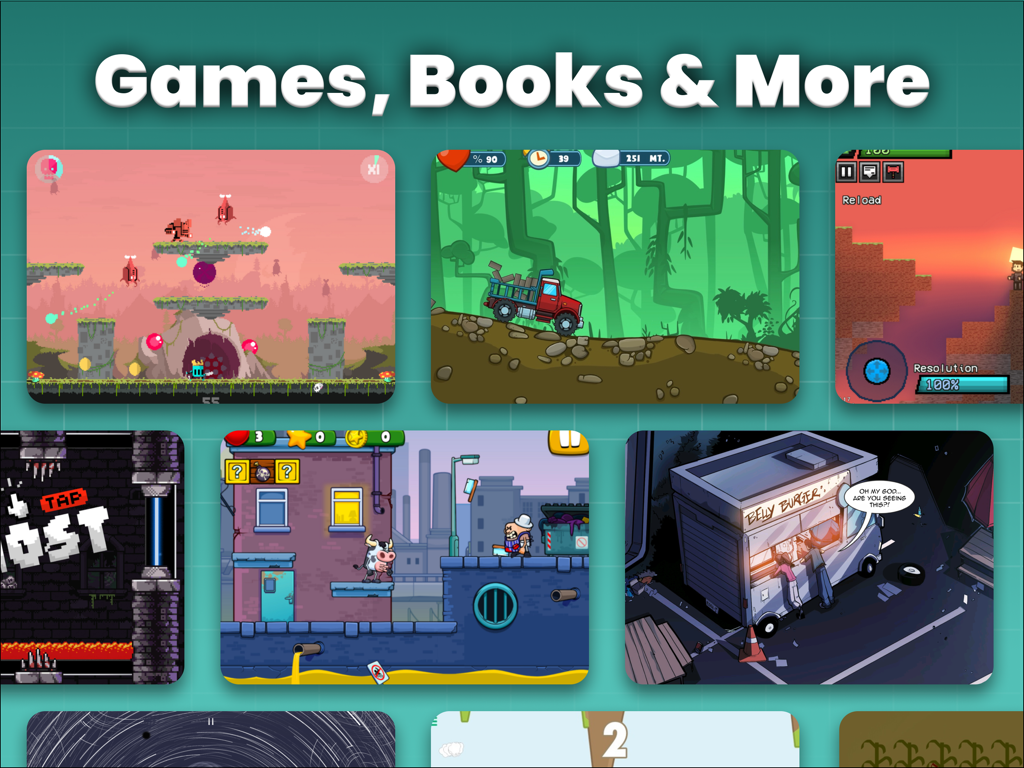 A collage showing different games and interactive stories created with hyperPad Starter