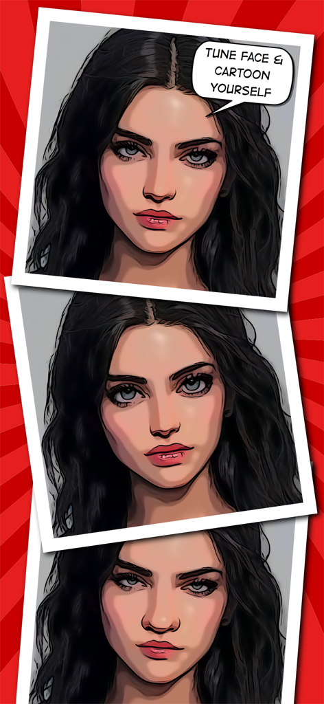 Toonita: Cartoon & Comic Maker - Cartoonized portraits of a woman showcasing the face tune and comic maker features