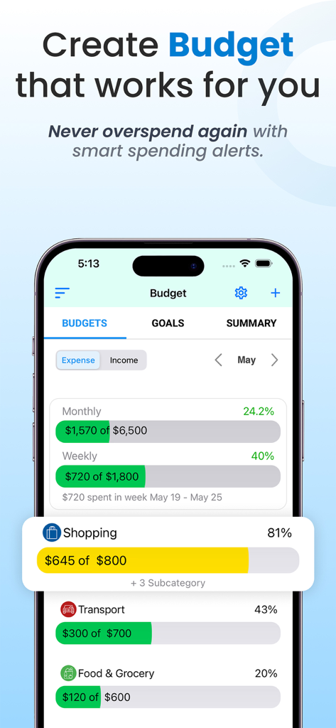 Pantalla de smartphone que muestra el planificador de presupuesto TimelyBills con alertas de gastos y barras de progreso de categorías de gastos