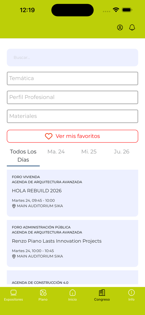 REBUILD 2026 - REBUILD 2026 app interface showing the congress schedule and search filters