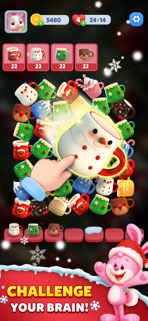 Toy Match 3D: Triple Match - A person playing a triple matching puzzle game with 3D festive mugs and a brain training challenge message