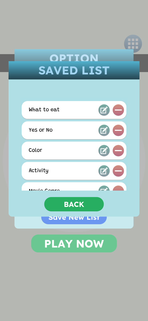 A screenshot of the Wheel Maker app showing a list of saved decision categories like What to eat and Yes or No.