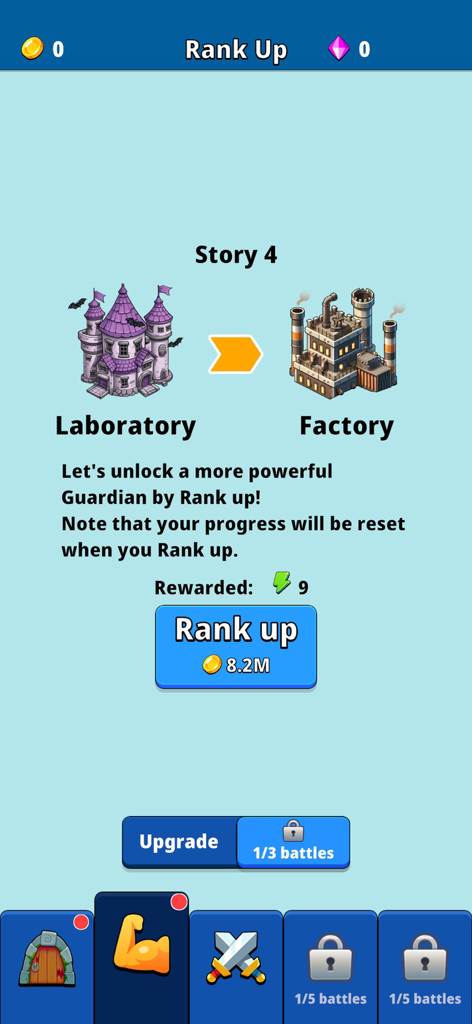 Pocket Guardian : mini TD war - Pocket Guardian rank up screen showing evolution from laboratory to factory