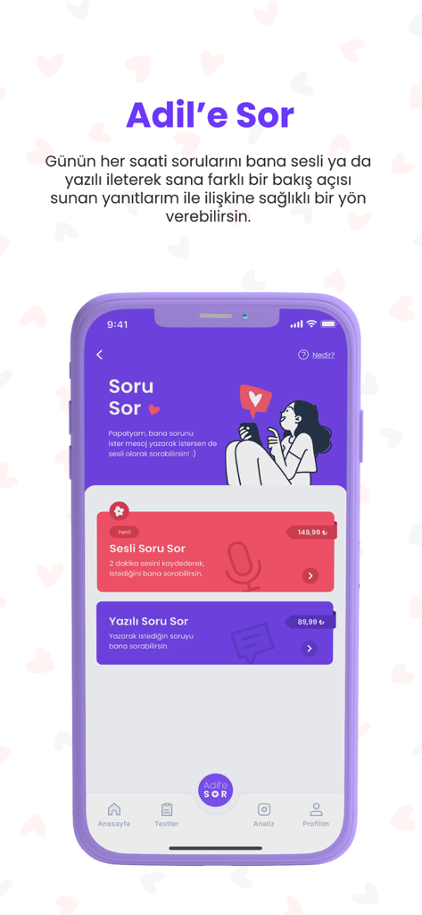 Interface of the Adile Sor relationship coaching app showing options to ask questions by voice or text.