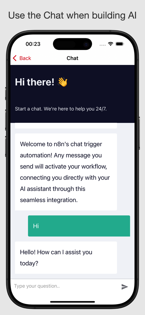 n-eight-n Workflows - Tela do aplicativo n-eight-n Workflows mostrando uma interface de automação de gatilho de chat de IA