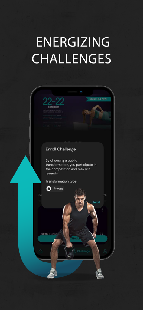 Mobile app screen for Fit by LevelUP showing the energizing challenges section and an enrollment popup for a transformation competition.