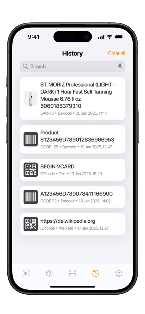 History screen showing recently scanned barcodes and QR codes with product details and images