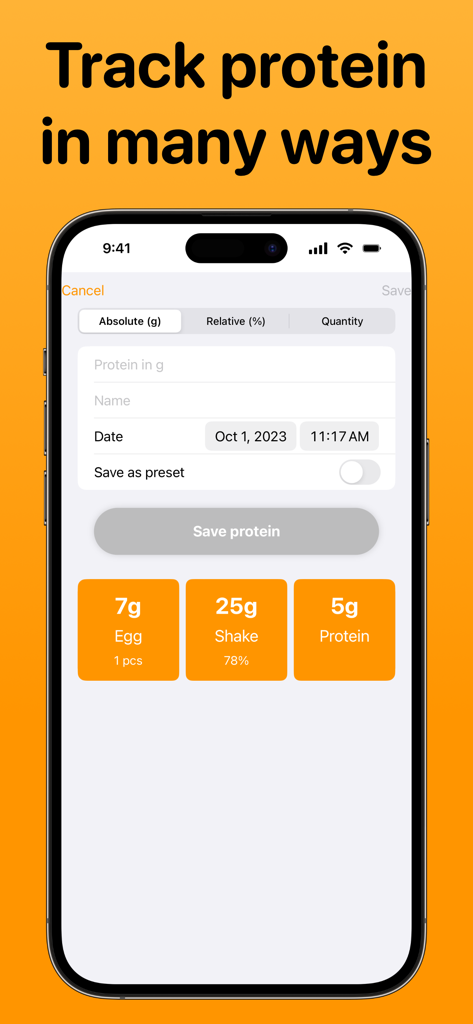 Protein Tracker. - Pantalla de la aplicación Protein Tracker para registrar la ingesta diaria de proteínas utilizando ajustes preestablecidos personalizados y diferentes unidades de medida