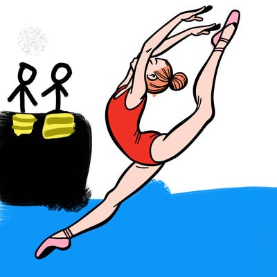 gymnast doing a leap in a leotard with a bent back leg