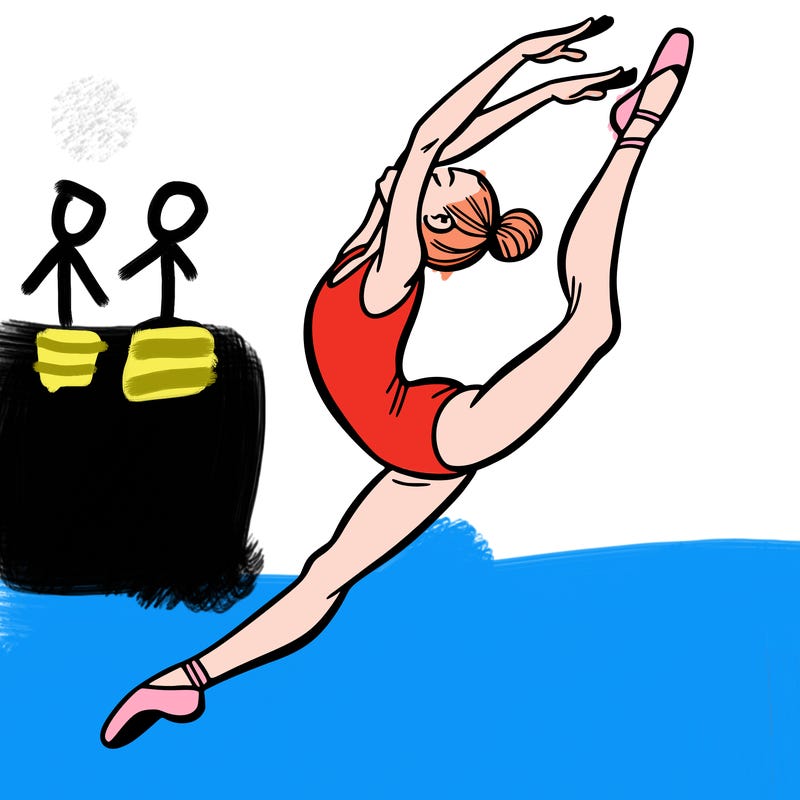 gymnast doing a leap in a leotard with a bent back leg