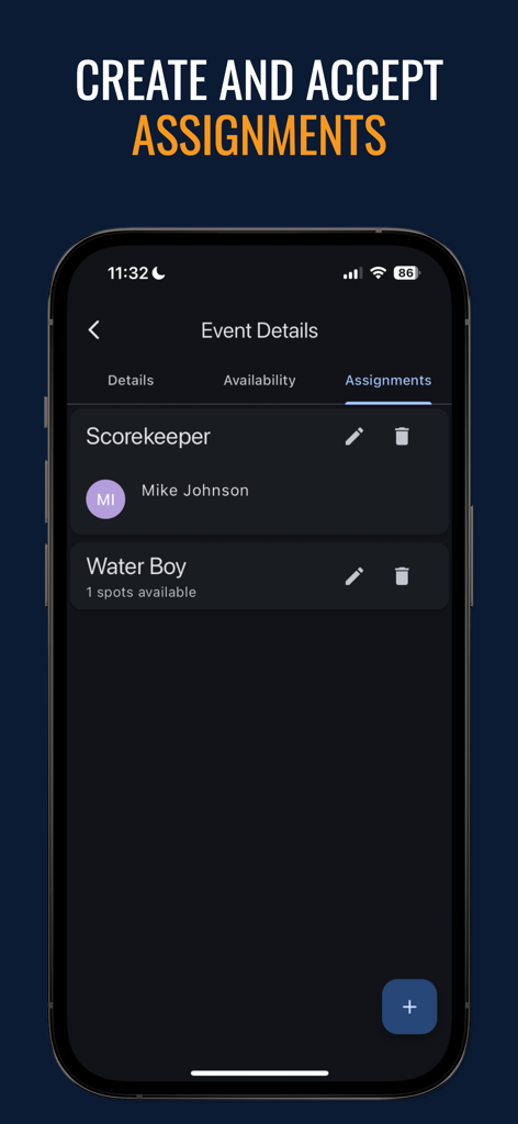 Screenshot der RAMP Team App, der eine Liste von Sportteam-Aufgaben für eine Veranstaltung anzeigt, einschließlich Scorekeeper und Balljunge