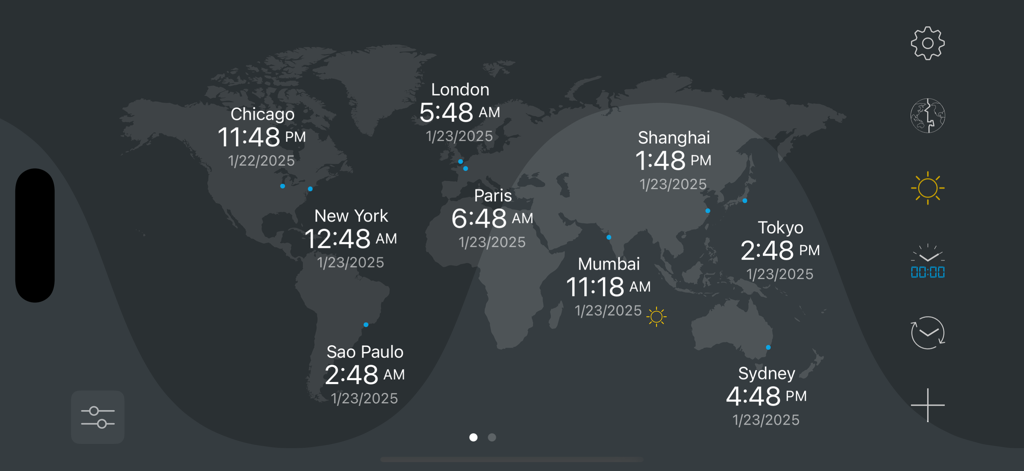 A world map interface displaying current local times for multiple global cities with visual day and night shadows