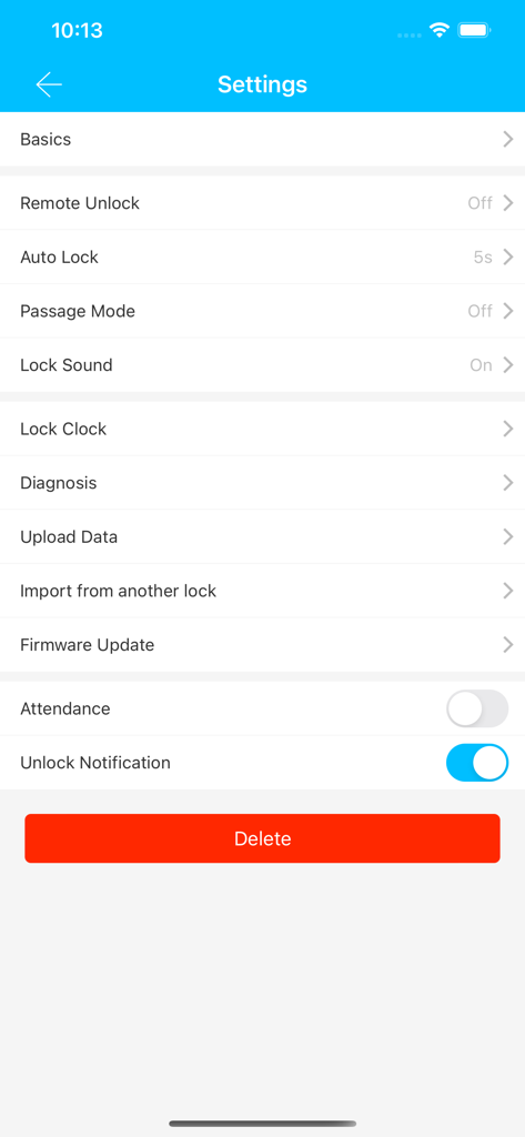 Settings screen for Sciener smart lock app with options for remote unlock and auto lock
