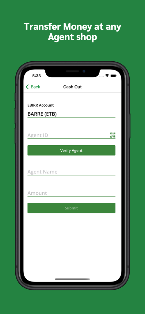 Ebirr - Ebirr mobile app interface showing a cash out screen to transfer money at an agent shop