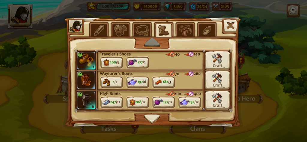 Braveland Heroes: War Strategy - Ingame-Handwerksmenü mit den Materialien, die zur Herstellung von Reiseschuhen und Wanderstiefeln benötigt werden.