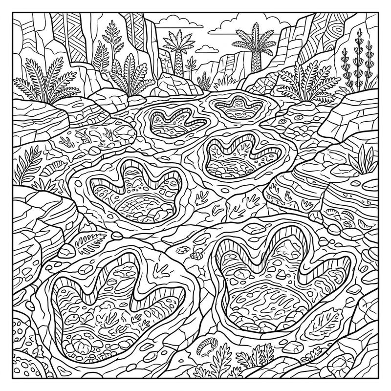 Embark on a prehistoric adventure as you color these magnificent Brachiosaurus footprints. This intricate page captures the awe of ancient dinosaurs, offering a unique journey through time.