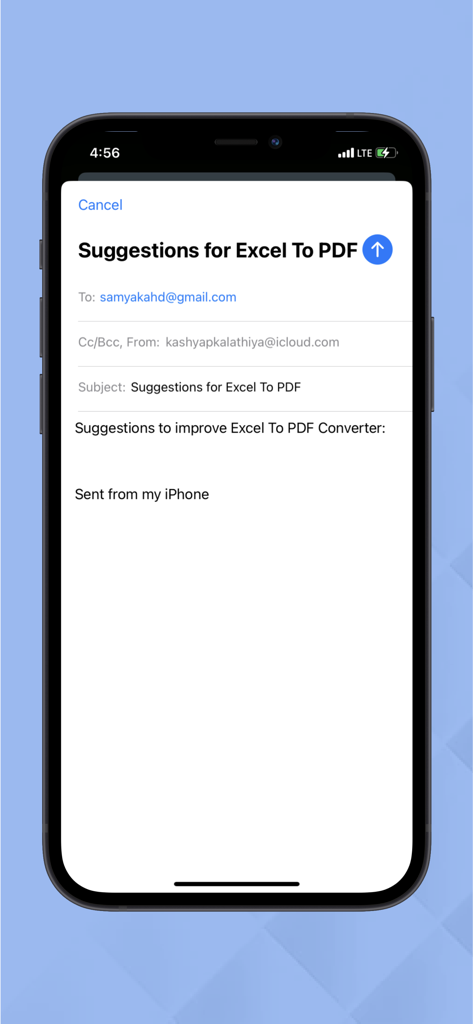 Excel To Pdf Converter - Uma captura de tela da interface de e-mail de feedback do aplicativo Conversor de Excel para PDF em um iPhone.