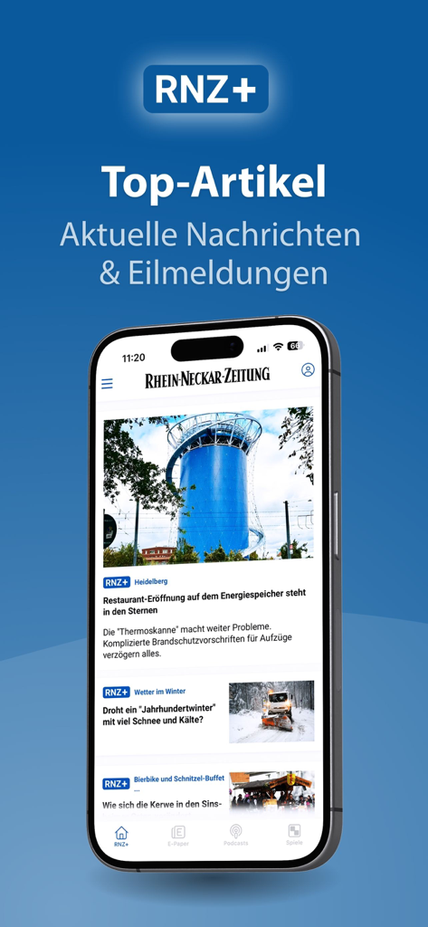 RNZ - Nachrichten - Pantalla de inicio de la aplicación de noticias RNZ que muestra noticias alemanas regionales y artículos destacados en un iPhone
