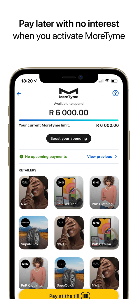 TymeBank-App-Oberfläche, die die MoreTyme-Kauf-jetzt-bezahl-später-Funktion mit verfügbarem Ausgabenlimit und Partnerhändlern zeigt
