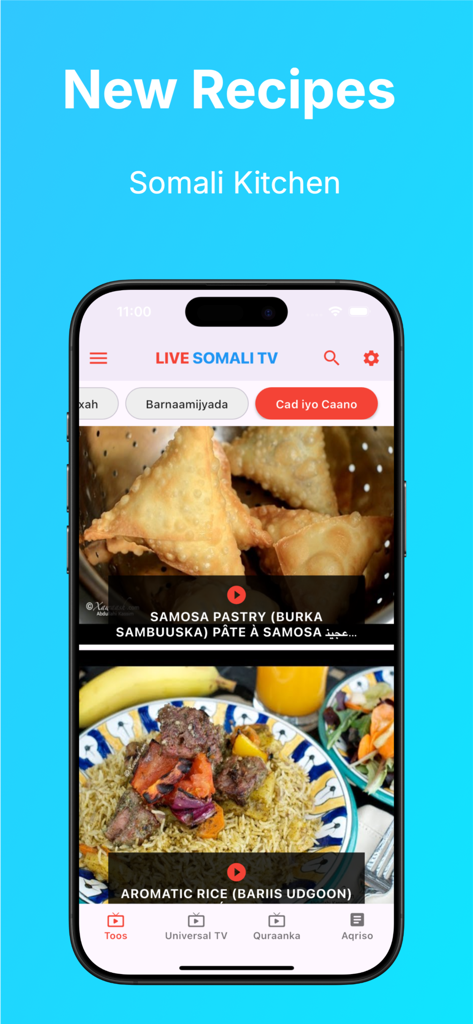 A screen from the Live Somali TV app showing traditional Somali kitchen recipes for samosas and aromatic rice.