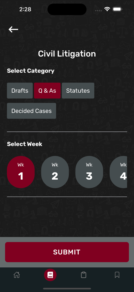 Law School Paddi - Interfaz de la aplicación Law School Paddi que muestra categorías de estudio de litigios civiles y selección de lecciones semanales.