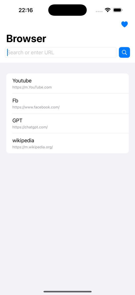 Web Browser for Watch - Web Browser for Watch interface showing search bar and website bookmarks for YouTube, Facebook, ChatGPT, and Wikipedia.
