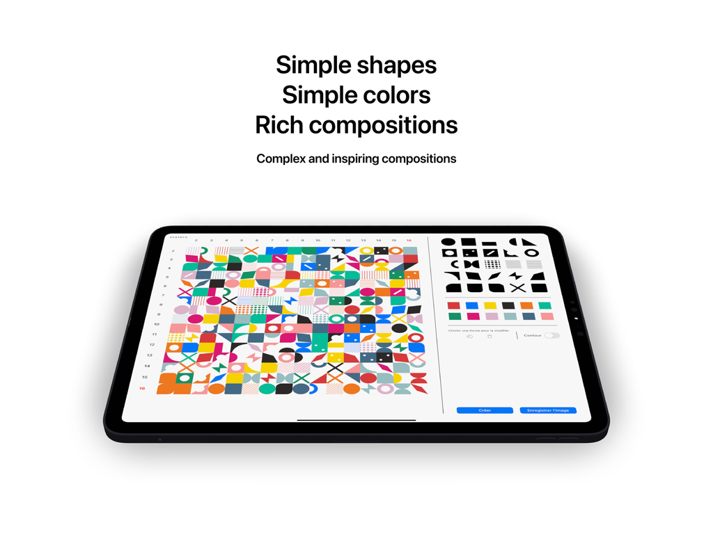 iPad-Bildschirm mit der Statera App, einem Raster bunter geometrischer Formen und einer Design-Oberfläche