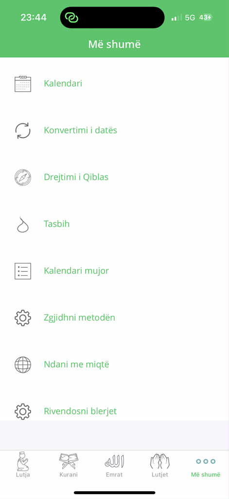 Kurani ne Shqip - The More menu section of the Kurani ne Shqip app featuring Qibla direction Tasbih and date conversion tools