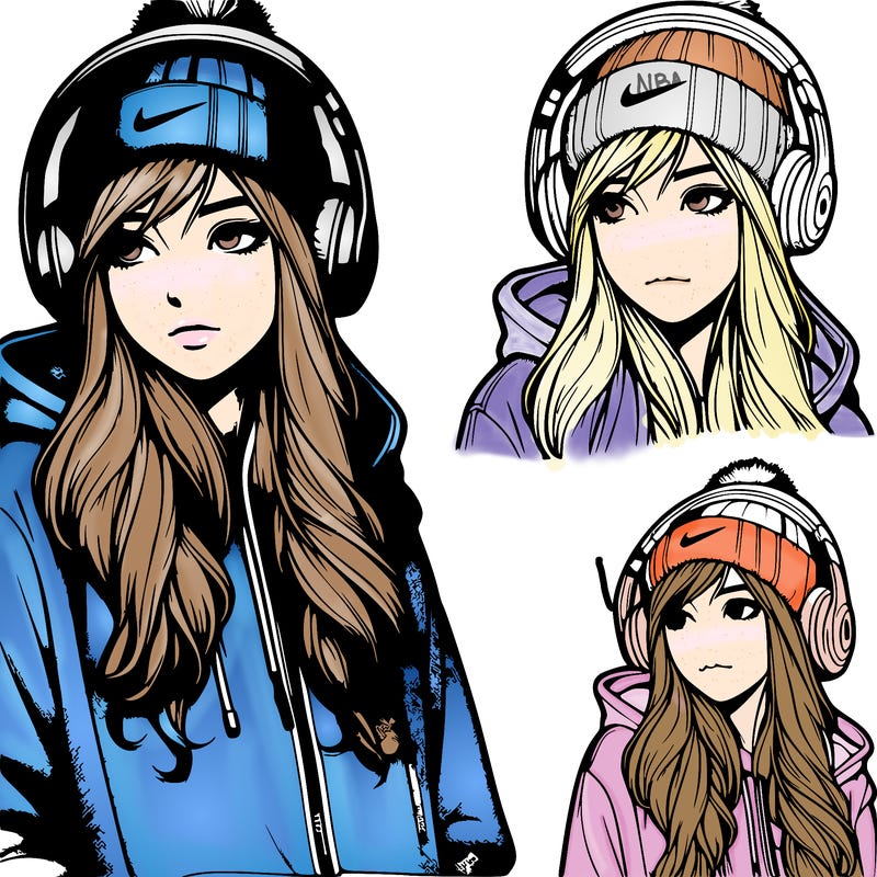 realistic girl wearing headphones, a hoodie, a beanie, and nikes