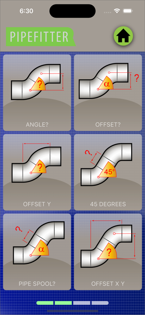 Pipefitter app menu displaying various pipe offset and angle calculation diagrams