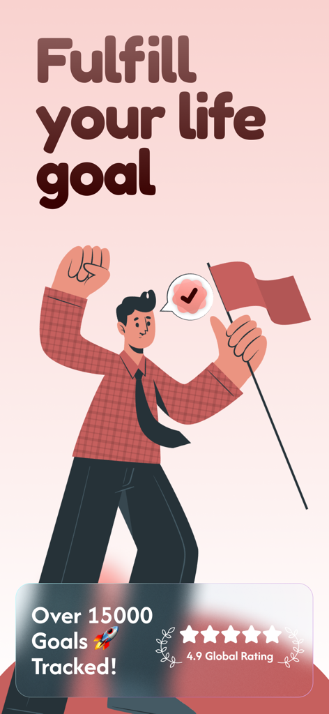 Illustration of a person celebrating success with text Fulfill your life goal and statistics for the Aim app
